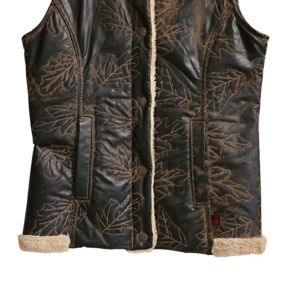 Woolrich Faux Leather Leaf Print Distressed Sherpa Lined Vest Sz S - Picture 2 of 8